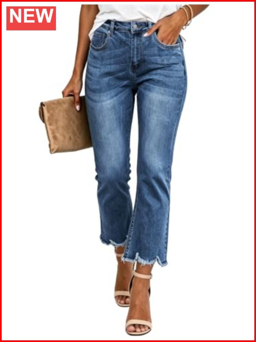 Stretchy Mid Rise Cropped Ankle Raw Hem Jeans
